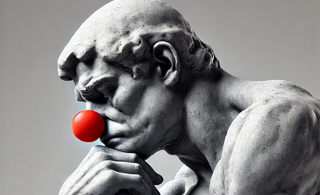 the thinker with clown nose