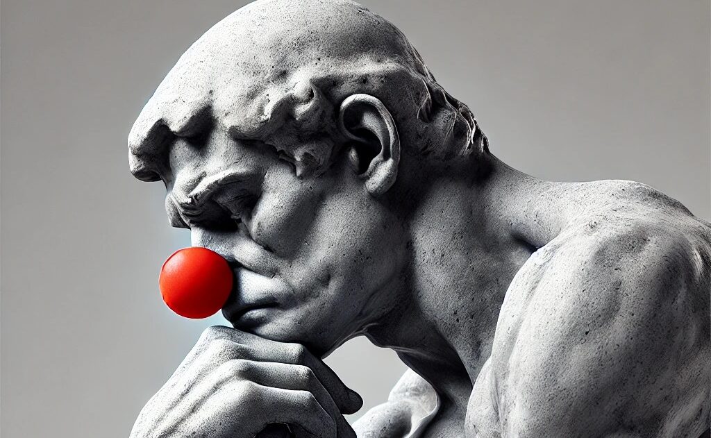 the thinker with clown nose